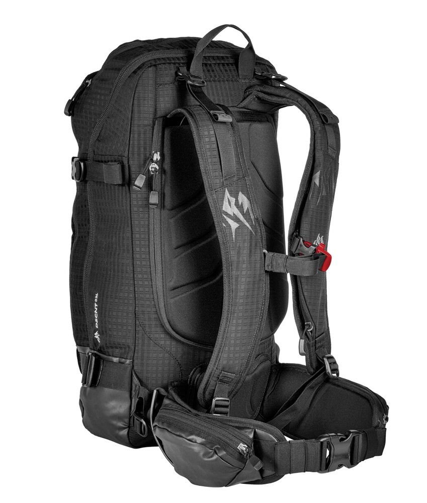Schwarzer Tourenrucksack Schwarzer Jones DSCNT RAS Tourenrucksack, Rückansicht mit Trägern und Hüftgurt.