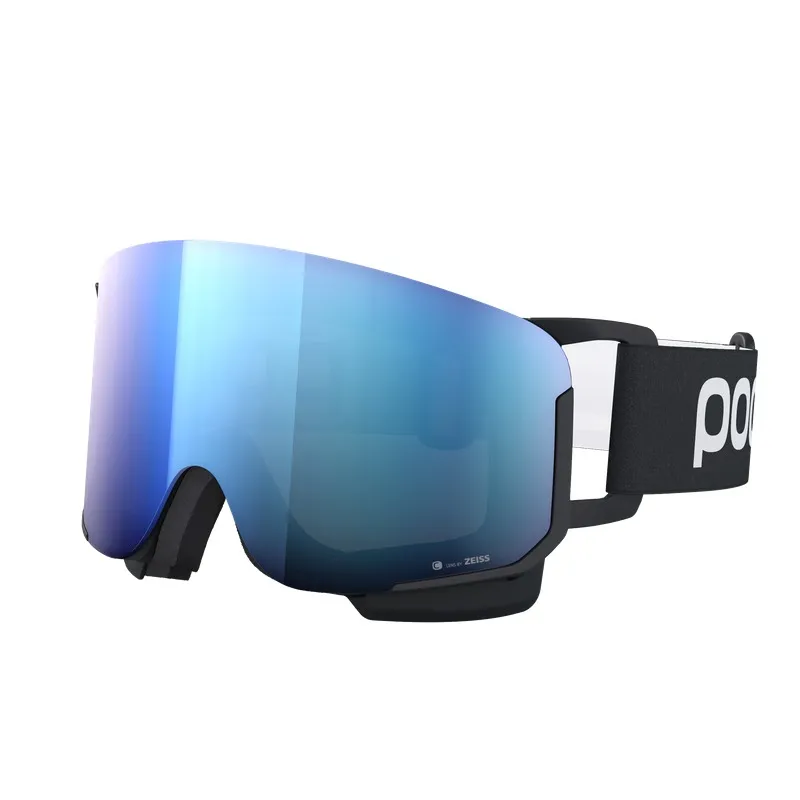Schwarze Skibrille mit blauer, verspiegelter Scheibe und weißem Logo auf dem schwarzen Kopfband.
