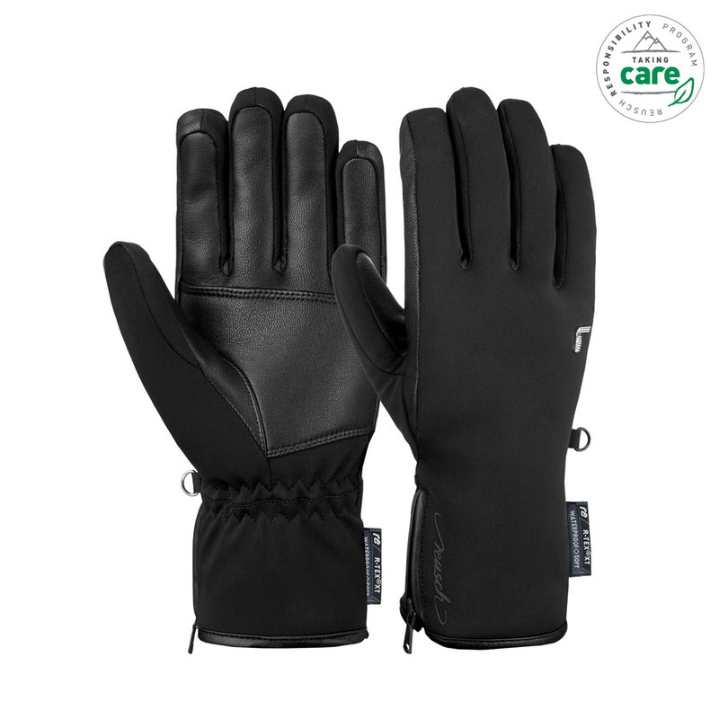 Zwei schwarze Reusch Tiffany R-TEX XT Handschuhe, einer mit Lederhandfläche, Details wie Reißverschluss erkennbar.