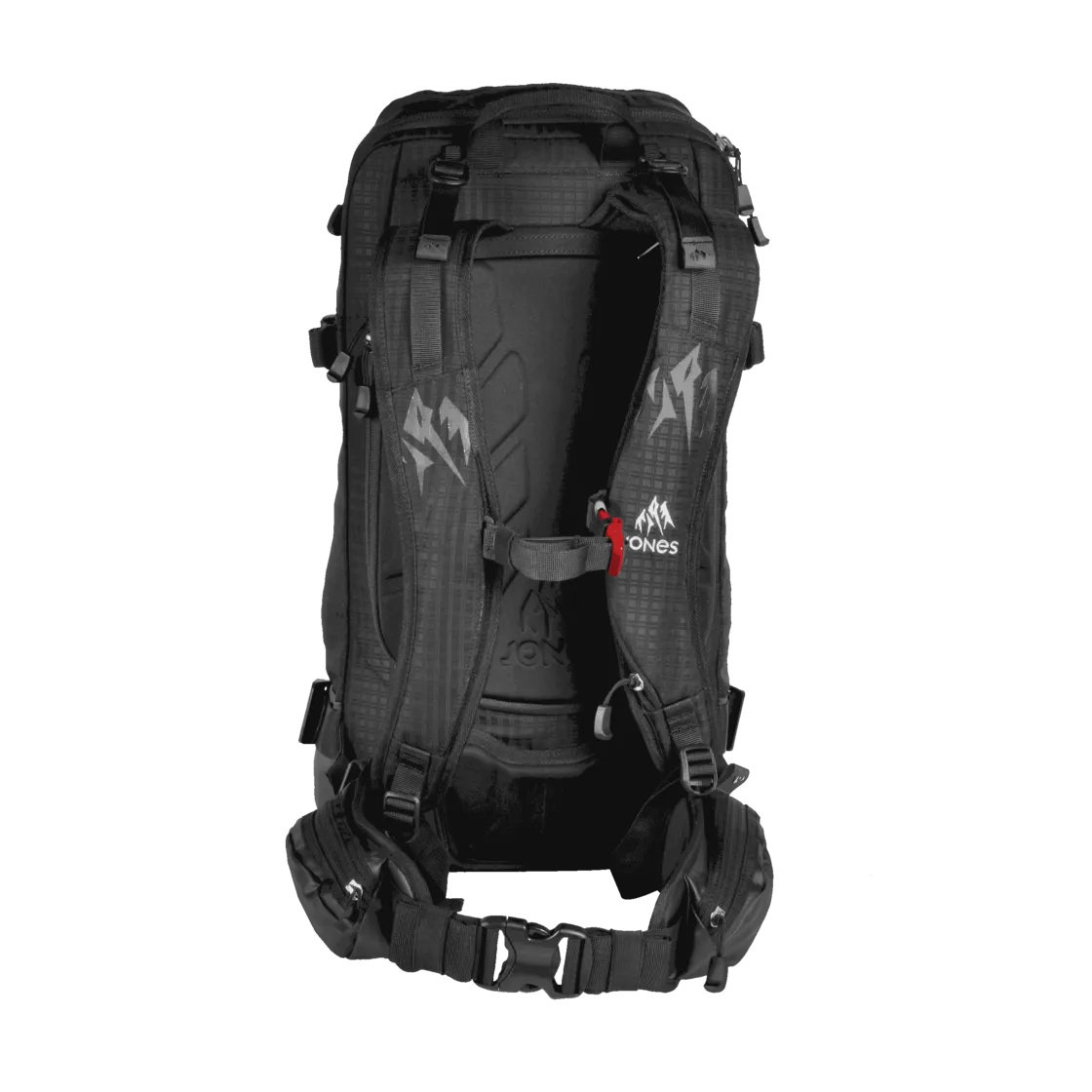 Schwarzer Jones DSCNT 32L Rucksack von hinten. Tragegurte, Hüftgurt und Fächer sind sichtbar.