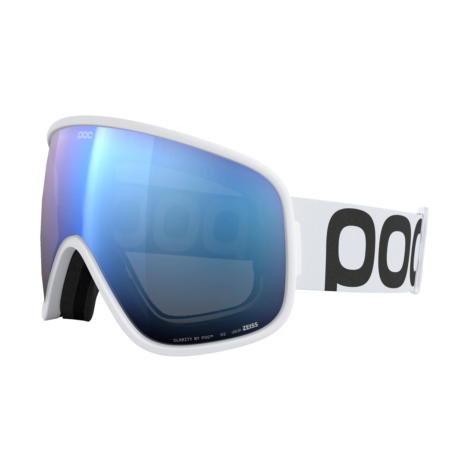 Weiße POC Vitrea Skibrille mit blauer Partly Sunny Blue Linse, seitliche Ansicht.