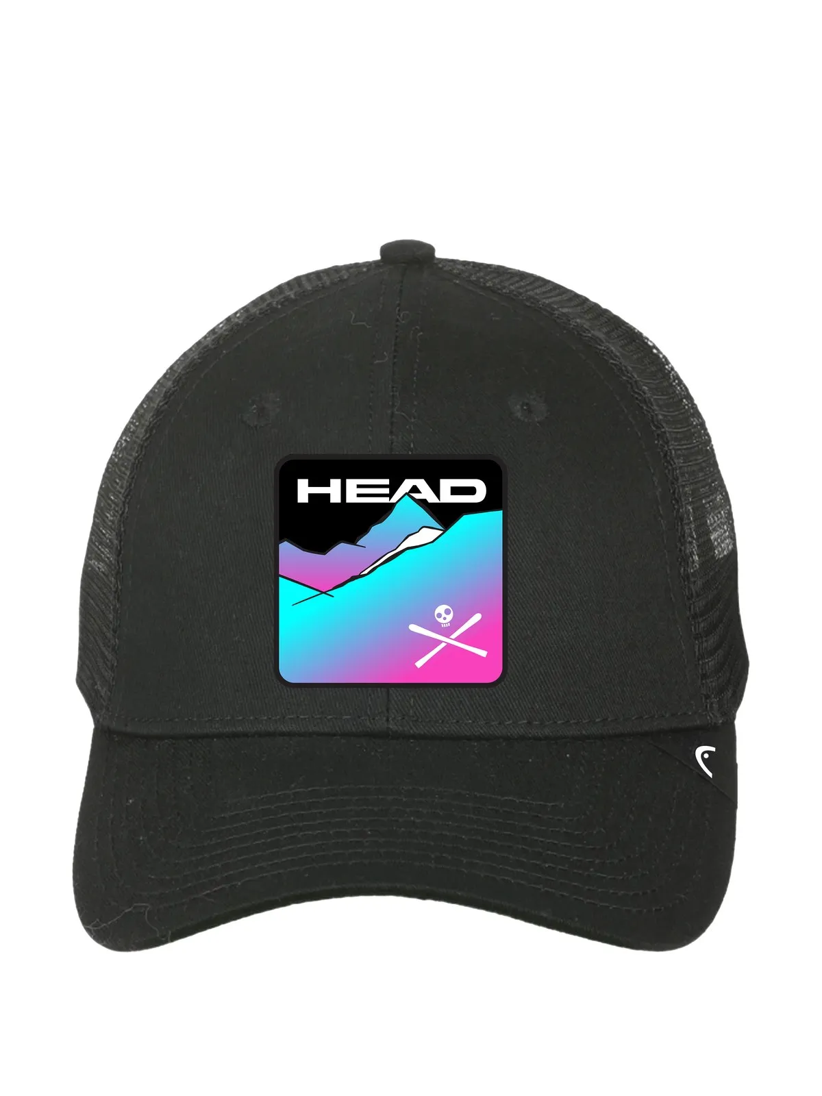 Schwarze Kappe mit Logo, das eine stilisierte Berglandschaft, den Schriftzug "HEAD" und gekreuzte Skier mit Totenkopf zeigt.
