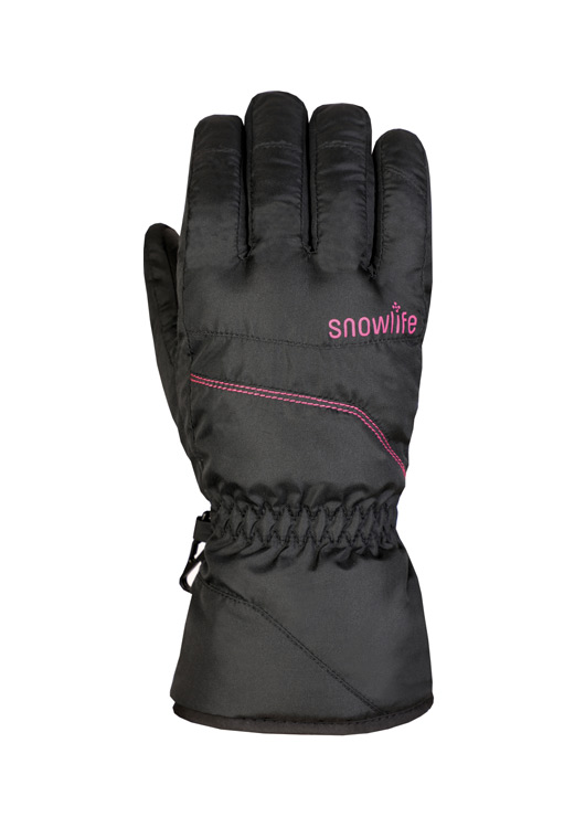 Schwarze Snowlife Handschuhe Schwarzer, wasserabweisender Snowlife Scratch Glove Lady mit pinkfarbenem Logo und Ziernähten.