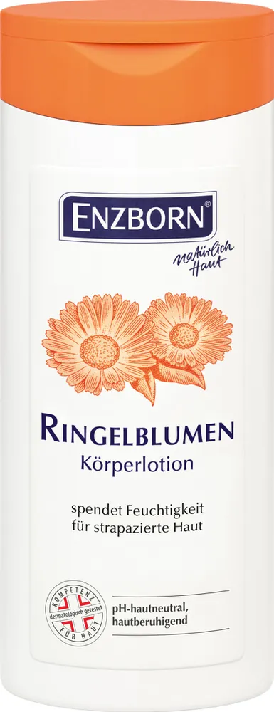 Weiße Flasche Ringelblumen Körperlotion mit orangem Deckel und Ringelblumen-Abbildung.