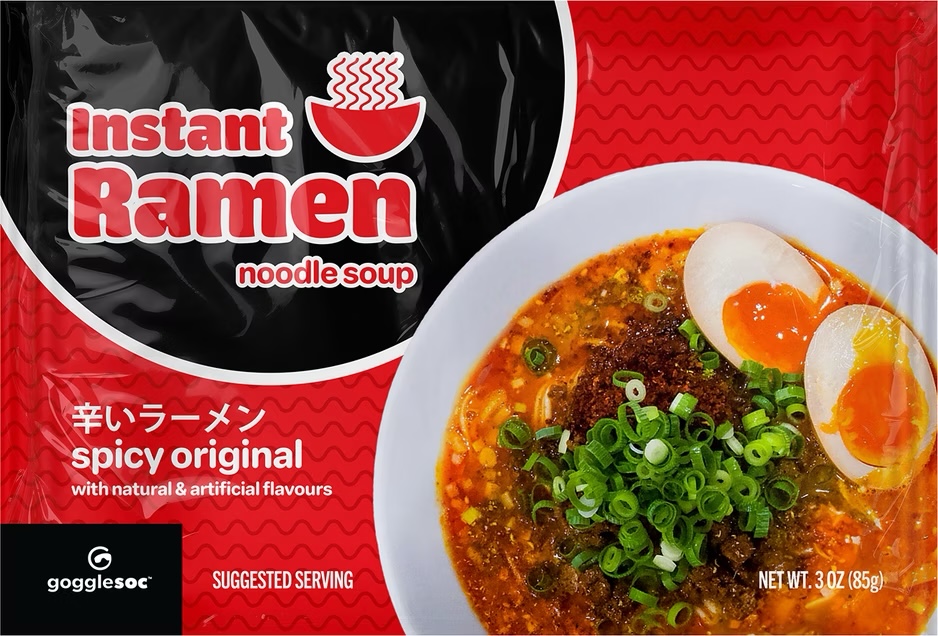 Würzige Ramen Verpackung Verpackung von Instant Ramen Swipeout mit einer Schale Ramen-Suppe. Text: "Spicy Original". Gogglesoc Logo.
