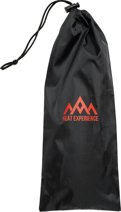 Schwarzer Beutel mit rotem "Heat Experience" Logo und Kordelzug für beheizbare Sohlen.
