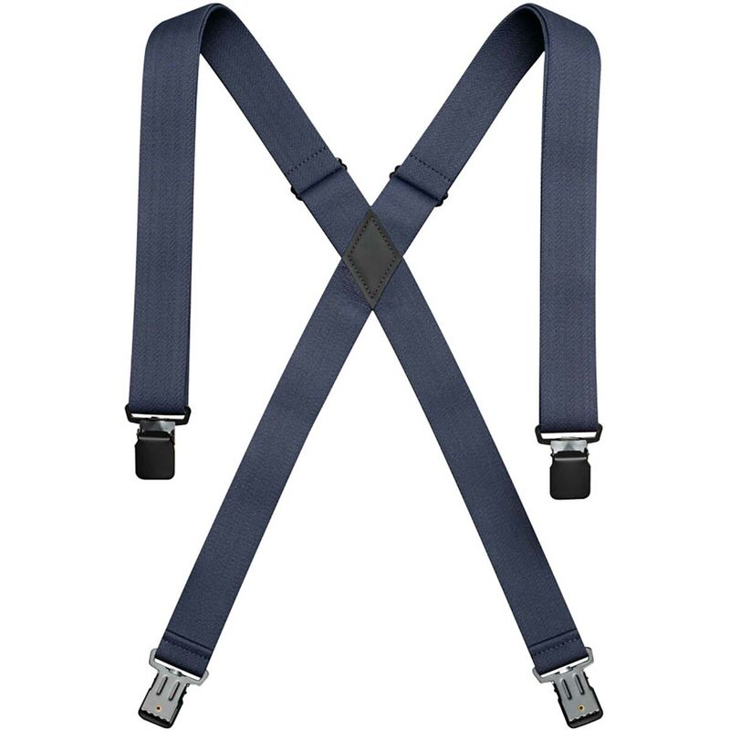 Marineblaue Hosenträger im X-Muster mit silbernen und schwarzen Clips.