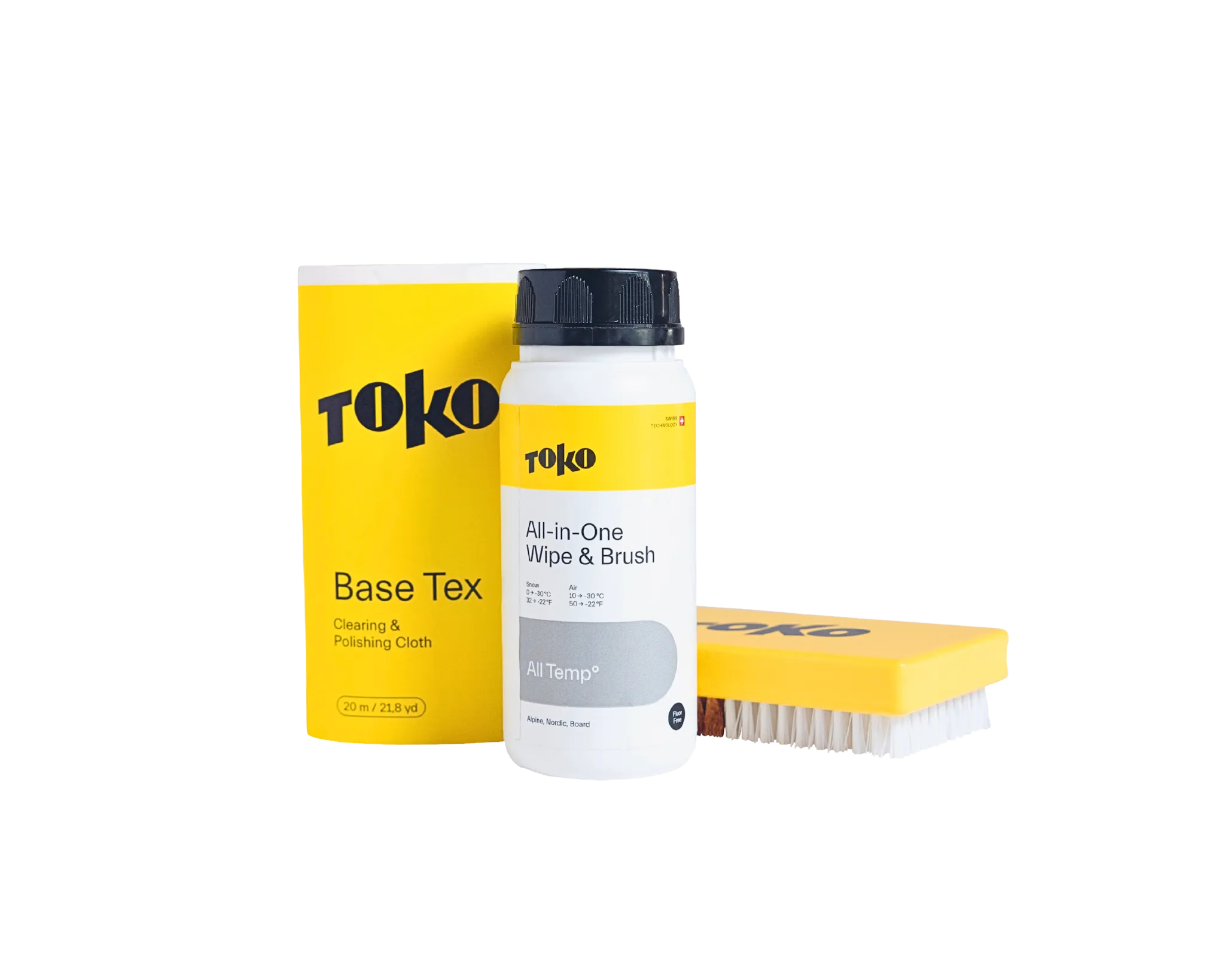 Toko All-in-One Wipe & Brush Kit: Reinigungsflüssigkeit, Poliertuch und Bürste für Ski.