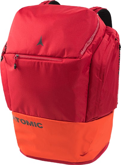 Roter Atomic RS Pack 80L Skischuhtasche Rucksack mit orangefarbenem Boden.
