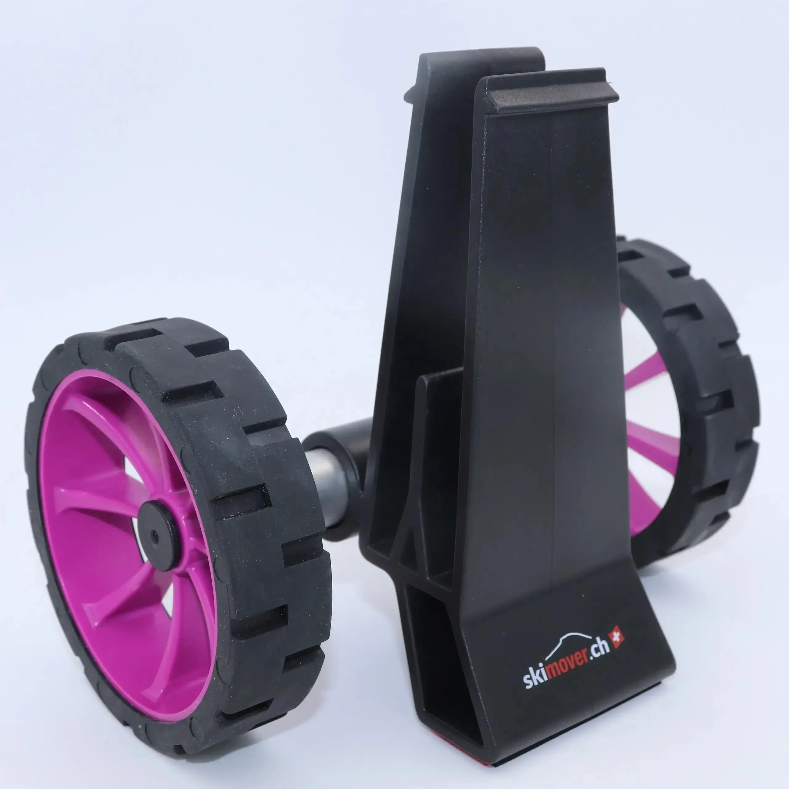 SUPmover Räder Schwarz SUPdual: Transportgestell mit zwei Rädern und schwarzem Rahmen. Die Felgen sind pink.