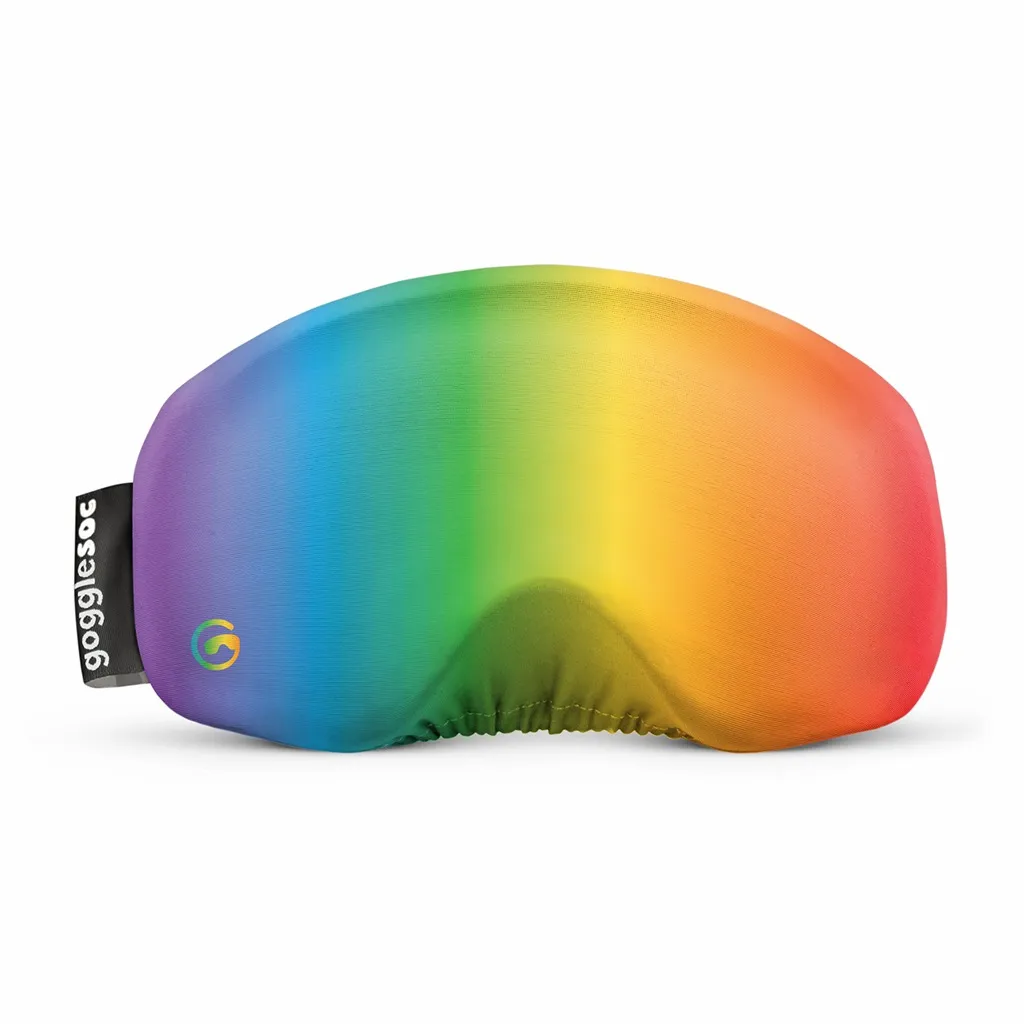 Skibrillen-Schutzhülle in Regenbogenfarben, Pride Soc, mit Gogglesoc-Logo.