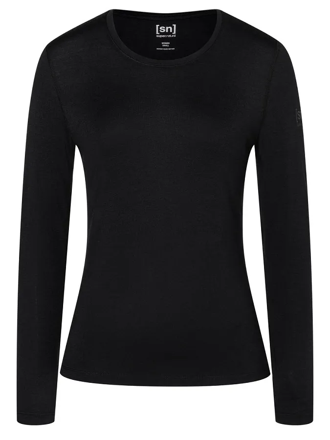 Schwarzes Super.Natural Base Crew Neck 230 Langarmshirt für Damen, Frontansicht.