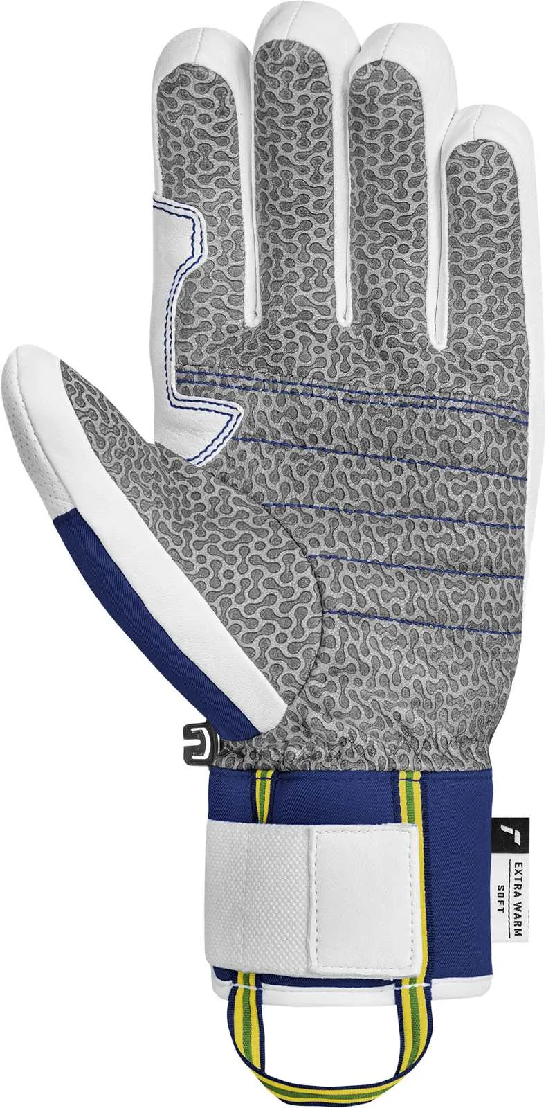 Man sieht einen weissen Handschuh mit grauem Muster, blauen Akzenten und einem Handgelenksband mit gelben und grünen Streifen.