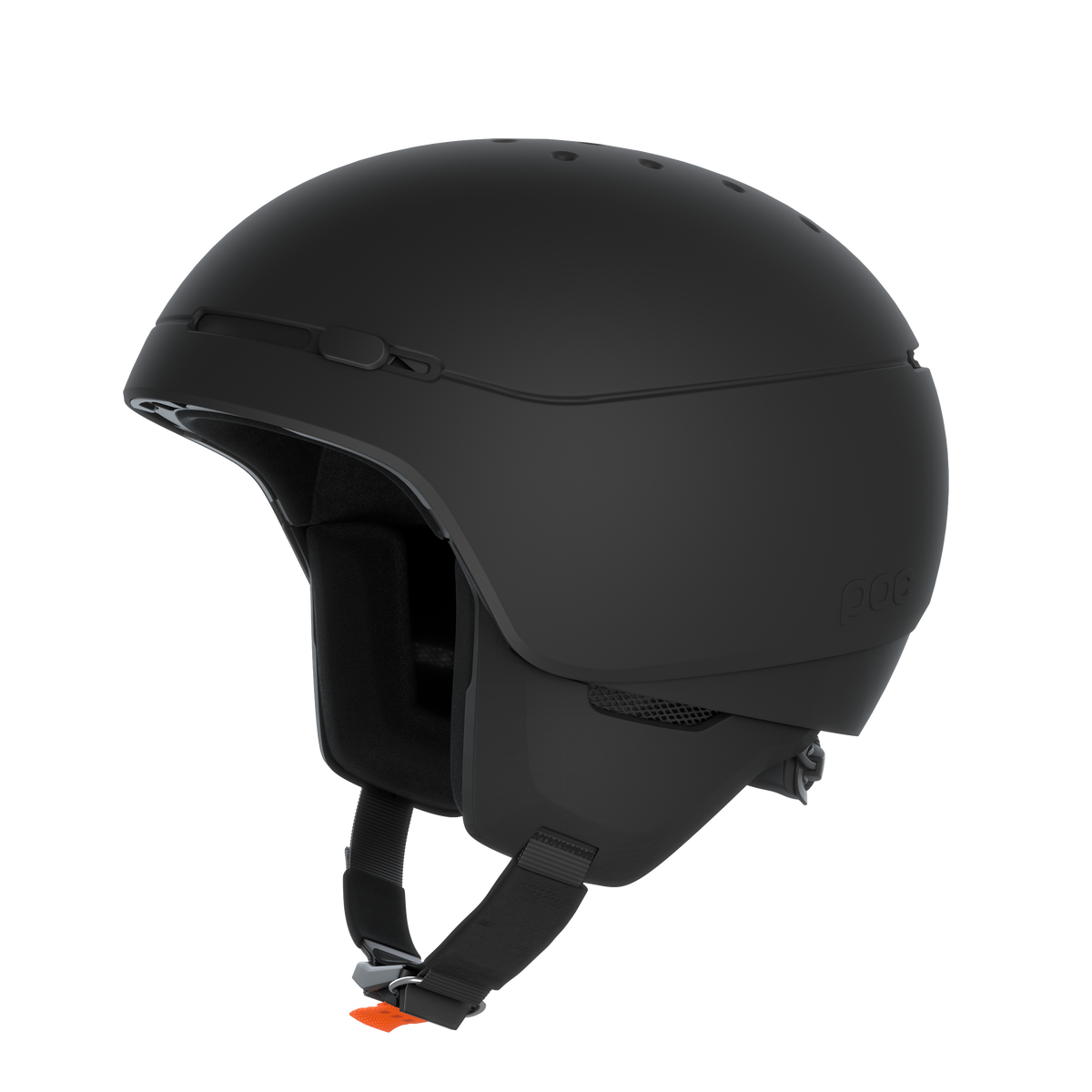 Schwarzer Skihelm Poc Meninx, seitliche Ansicht. Kinnriemen mit orangefarbenem Verschluss. Belüftungsöffnungen sichtbar.