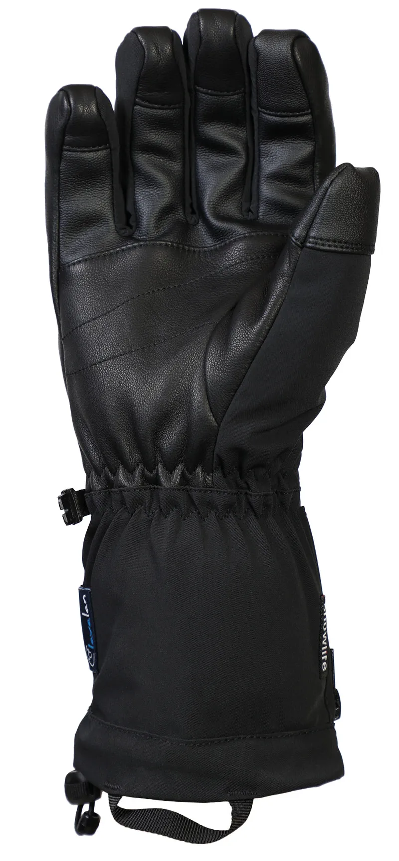 Schwarzer Heat DT Glove, Handfläche aus Leder, Handrücken aus Stoff, sichtbarer Verschluss und Kordelzug.