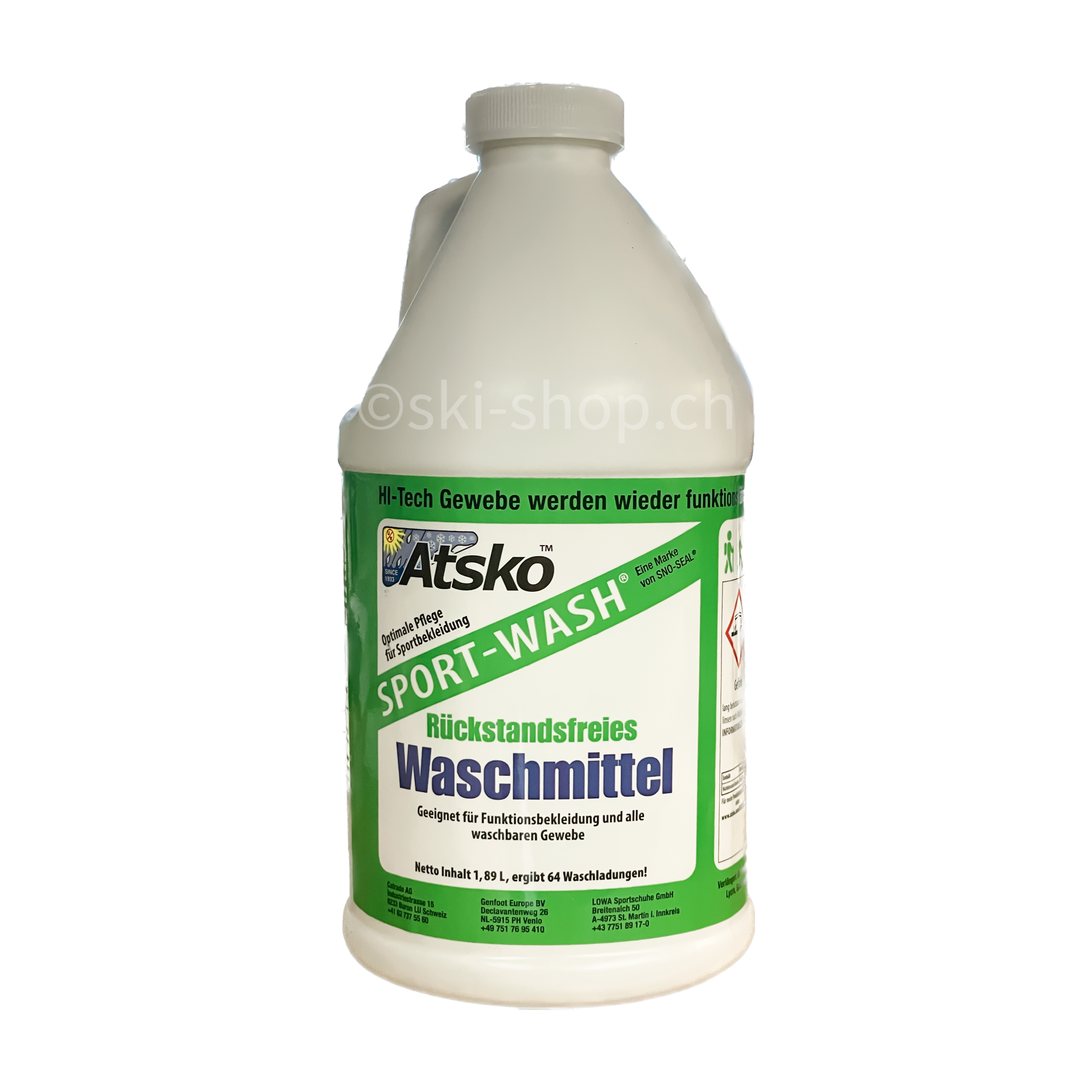 Weiße Flasche Sport-Wash Waschmittel mit grünem Etikett für atmungsaktive Sportbekleidung.