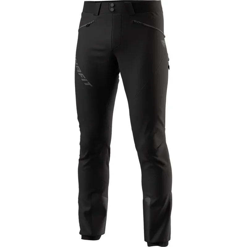 Schwarze Dynafit TLT Touring DST Men PNT Skitourenhose, Frontansicht, mit Reißverschlusstaschen und Logo.