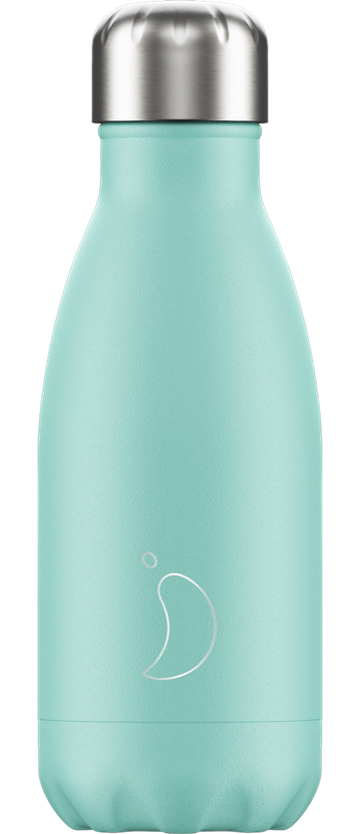 Pastellgrüne Chillys Flasche Pastellgrüne Chillys Trinkflasche, 260ml, mit silberfarbenem Deckel und Logo.