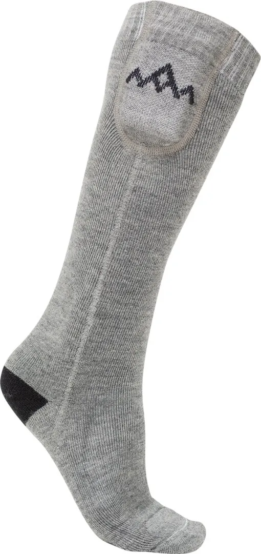 Graue Heizsocke aus Merinowolle mit schwarzer Ferse und Akkutasche am Schaft.