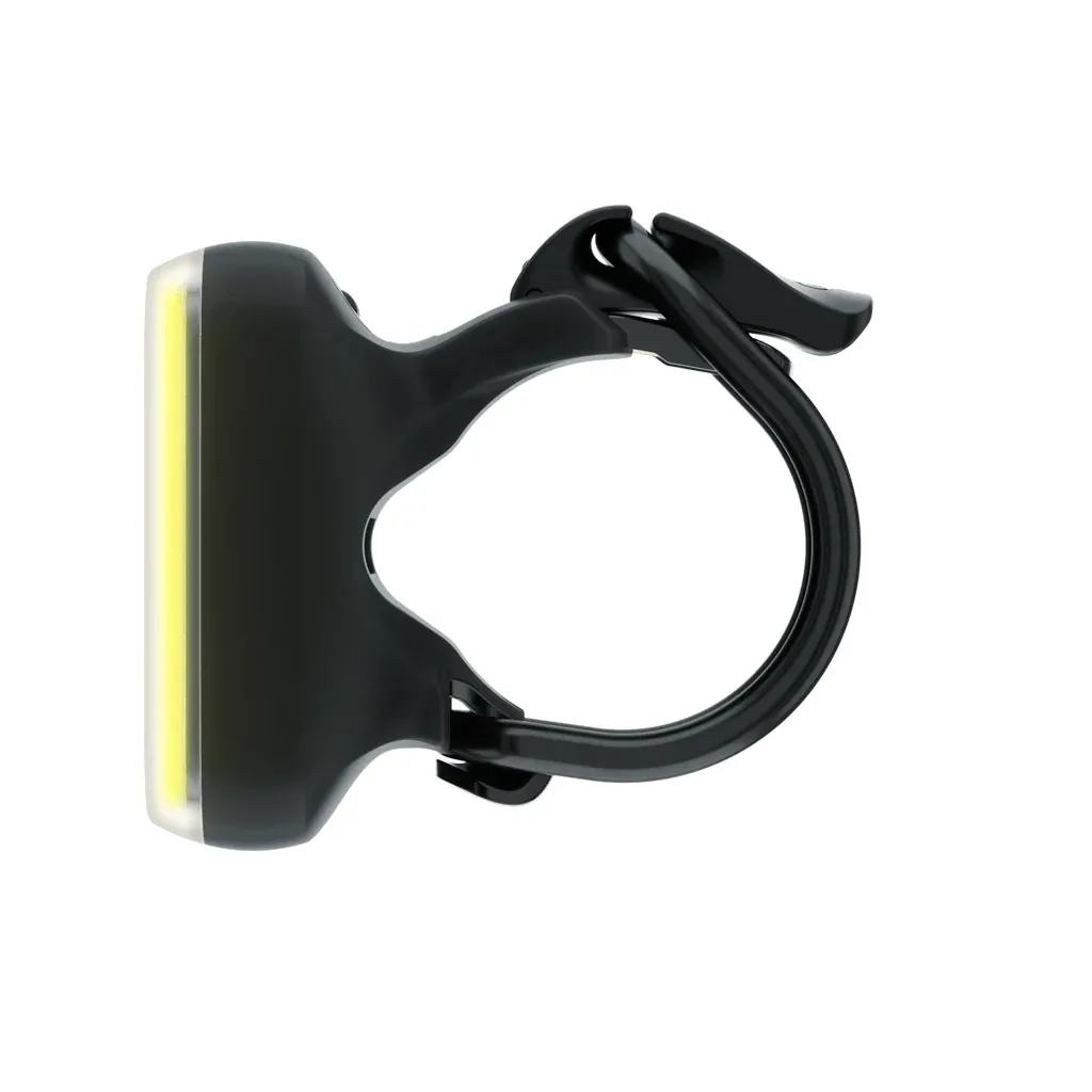 Schwarze Knog Blinder Front Bike Light mit gelbem Lichtstreifen und flexibler Halterung für Fahrräder.
