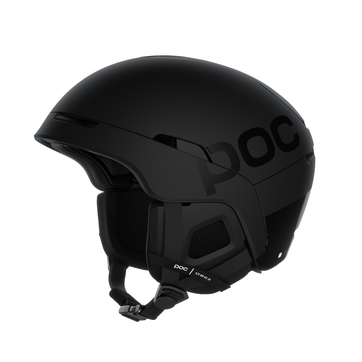 Schwarzer POC Skihelm Schwarzer Skihelm `Poc Obex BC Mips` mit Belüftung und Ohrenschützern, seitliche POC Beschriftung, Kinnriemen sichtbar.