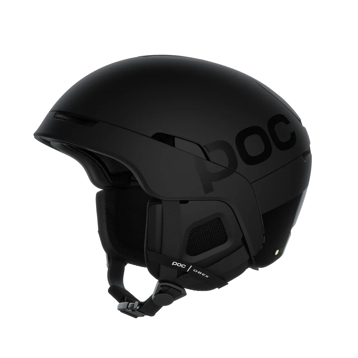 Schwarzer Skihelm `Poc Obex BC Mips` mit Belüftung und Ohrenschützern, seitliche POC Beschriftung, Kinnriemen sichtbar.