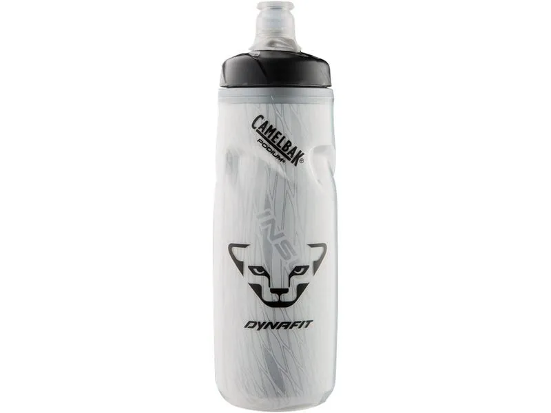 Weiße Dynafit Thermo Flasche mit schwarzem Deckel und Dynafit Logo.