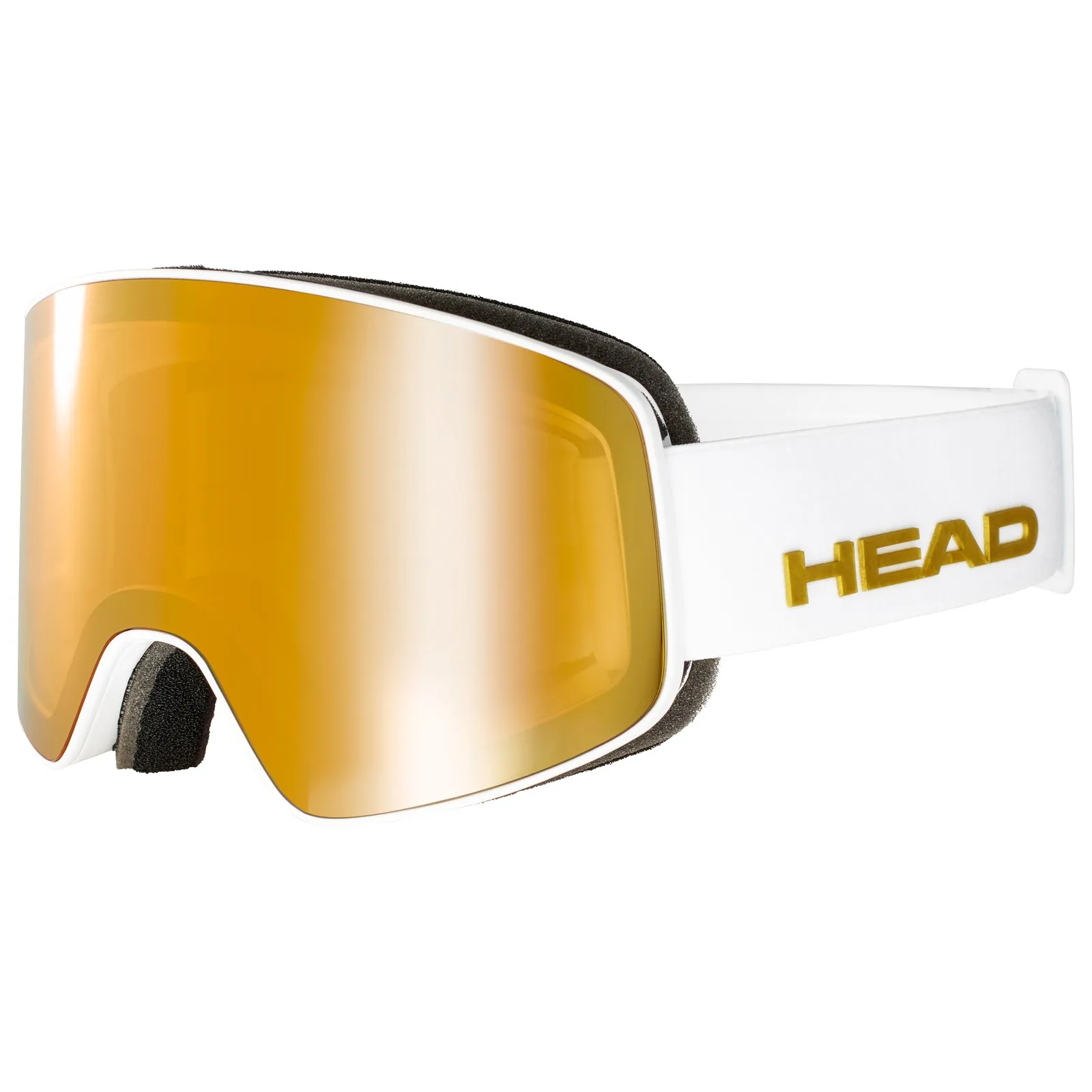 Weiße Head Horizon Premium Skibrille mit goldener Scheibe und schwarzem Schaumstoffpolster.