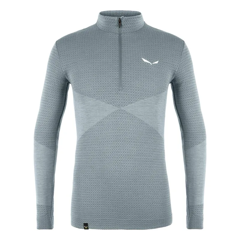 Graues Salewa Zebru Med Warm AMR Men 1/2 Tee mit Reißverschluss und Markenlogo.