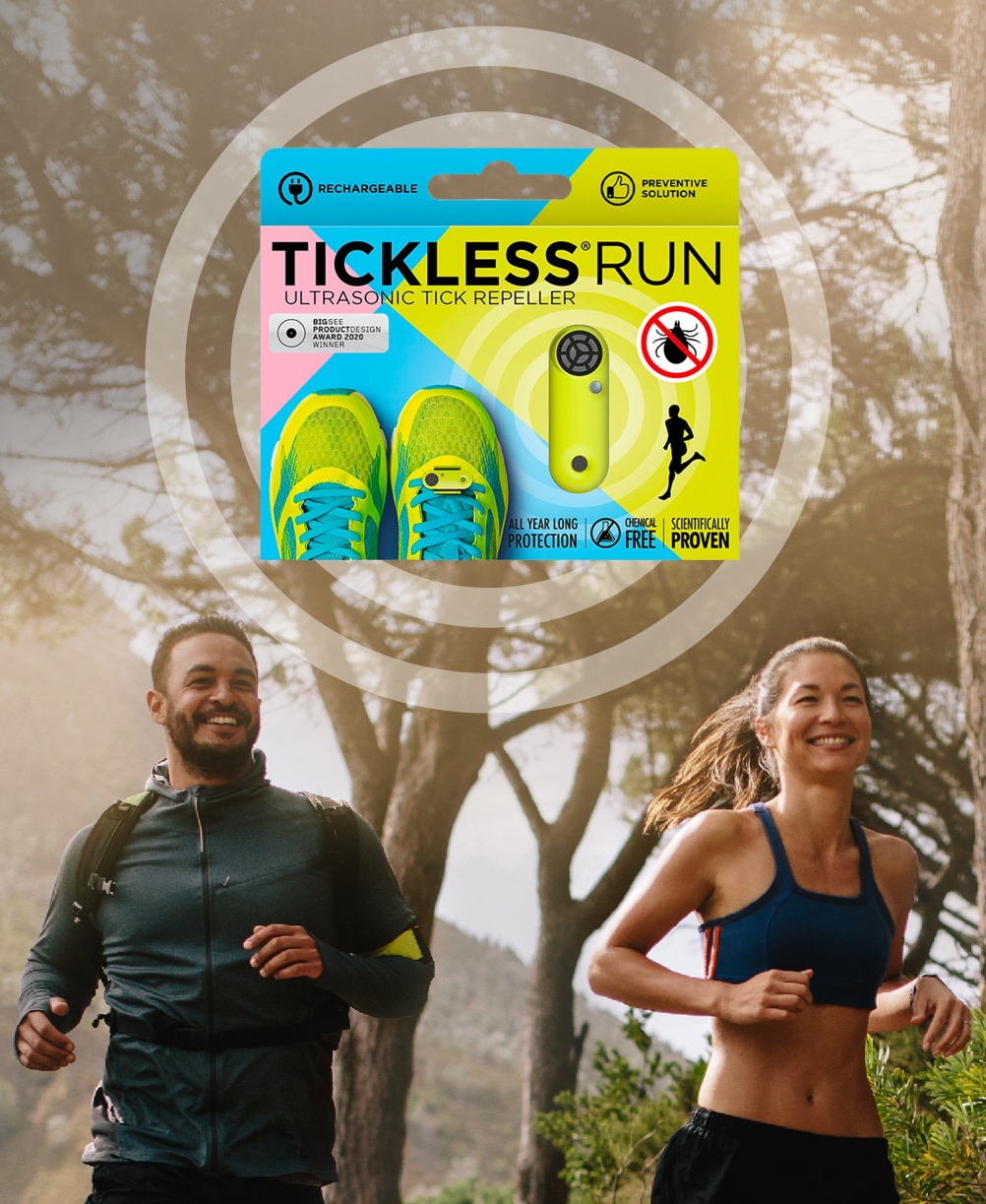 Tickless Zeckenschutz für Läufer Läuferpaar und Tickless Run: Chemiefreier Zeckenschutz mit Laufschuhen, Gerät, Zecken-Symbol und Ultraschall-Hinweis.