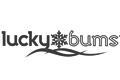Grauer "lucky bums" Schriftzug mit Schneeflocke über geschwungenen Linien.