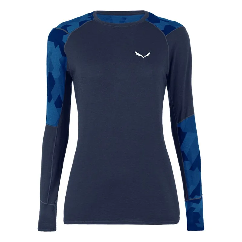 Dunkelblaues Salewa Cristallo Warm AMR Damen Langarmshirt mit blau gemusterten Ärmeln und weißem Logo.