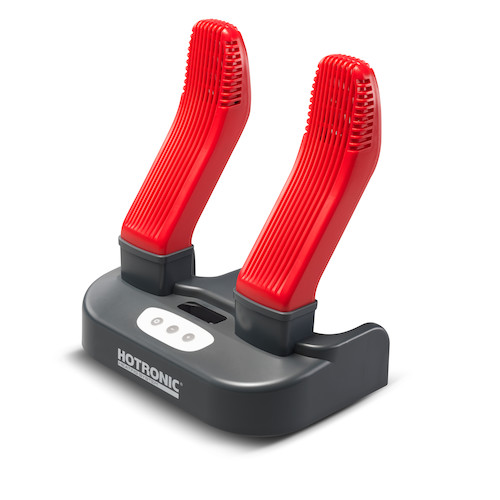 Ein Schuh- oder Stiefeltrockner, bestehend aus einer grauen Basis mit zwei nach oben gerichteten, geriffelten, roten Aufsätzen.