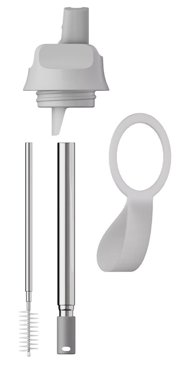 Grauer Series 2 Flip Deckel, Strohhalm, Bürste und Trageschlaufe in Einzelteilen, für die Trinkflasche.