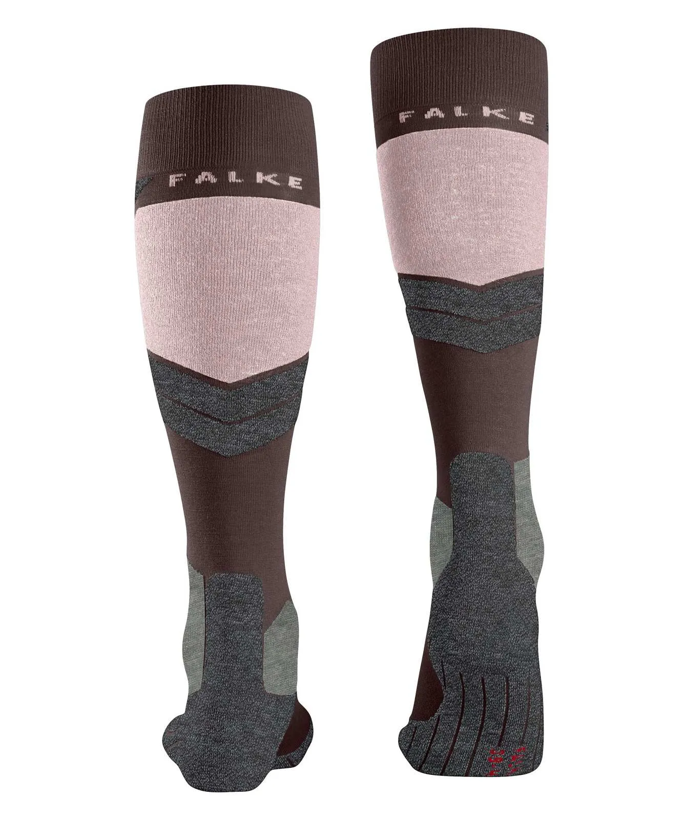 Zwei kniehohe Socken in Braun, Rosa und Grau. Schaft dunkelbraun mit hellem FALKE-Schriftzug, darunter hellrosa und ein dunkles, chevronartiges Graumuster. Ferse und Fuß dunkler grau-braun mit hellgrauen Akzenten. Rechte Sohle mit rotem Logo.