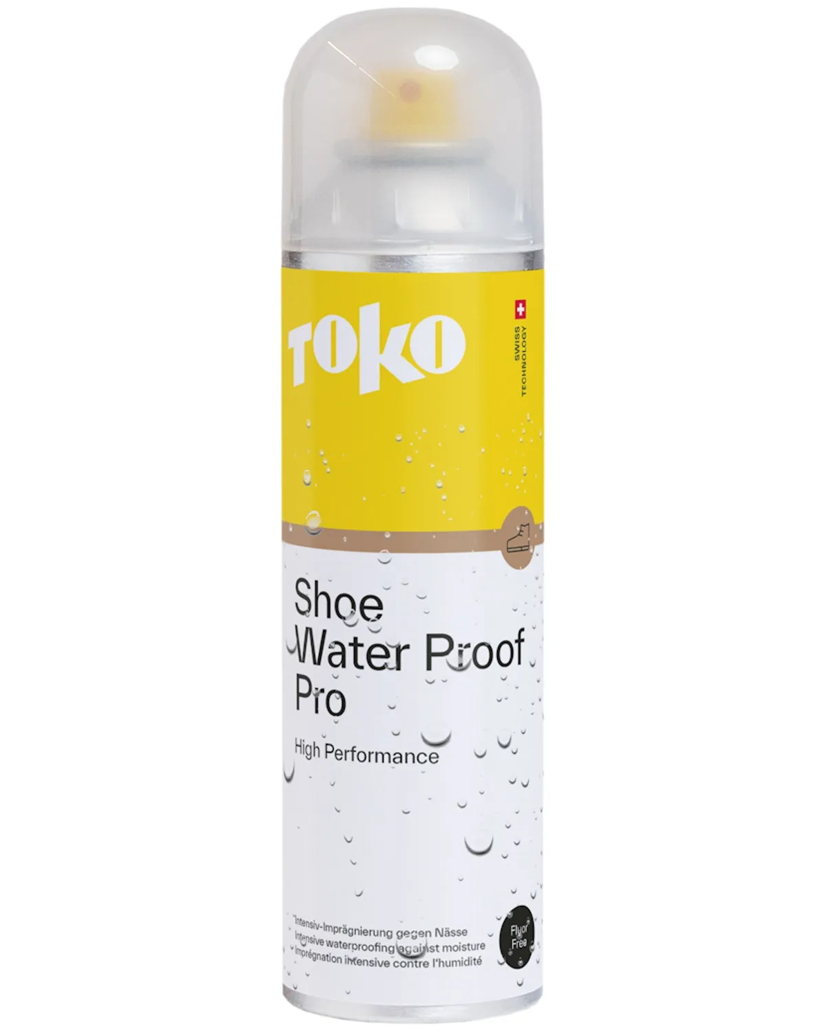 Gelbe Sprühdose "Toko Shoe Water Proof Pro" mit durchsichtigem Deckel, beschriftet mit Text und Wassertropfen-Illustration.