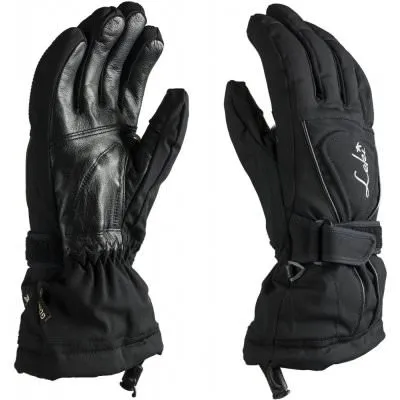 Zwei schwarze Leki Lotus S Handschuhe, einer mit Lederhandfläche, der andere zeigt das Leki Logo.