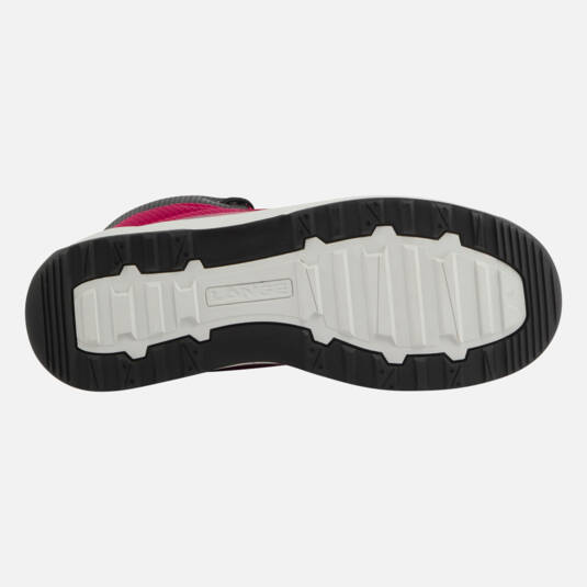 Die Sohle des Retro Pink Podium Shoe mit schwarzem Rand und weißem Profil.