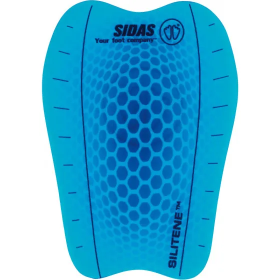 Blaues Sidas Shin Gel Pad mit wabenförmiger Struktur und Markierungen an den Seiten.