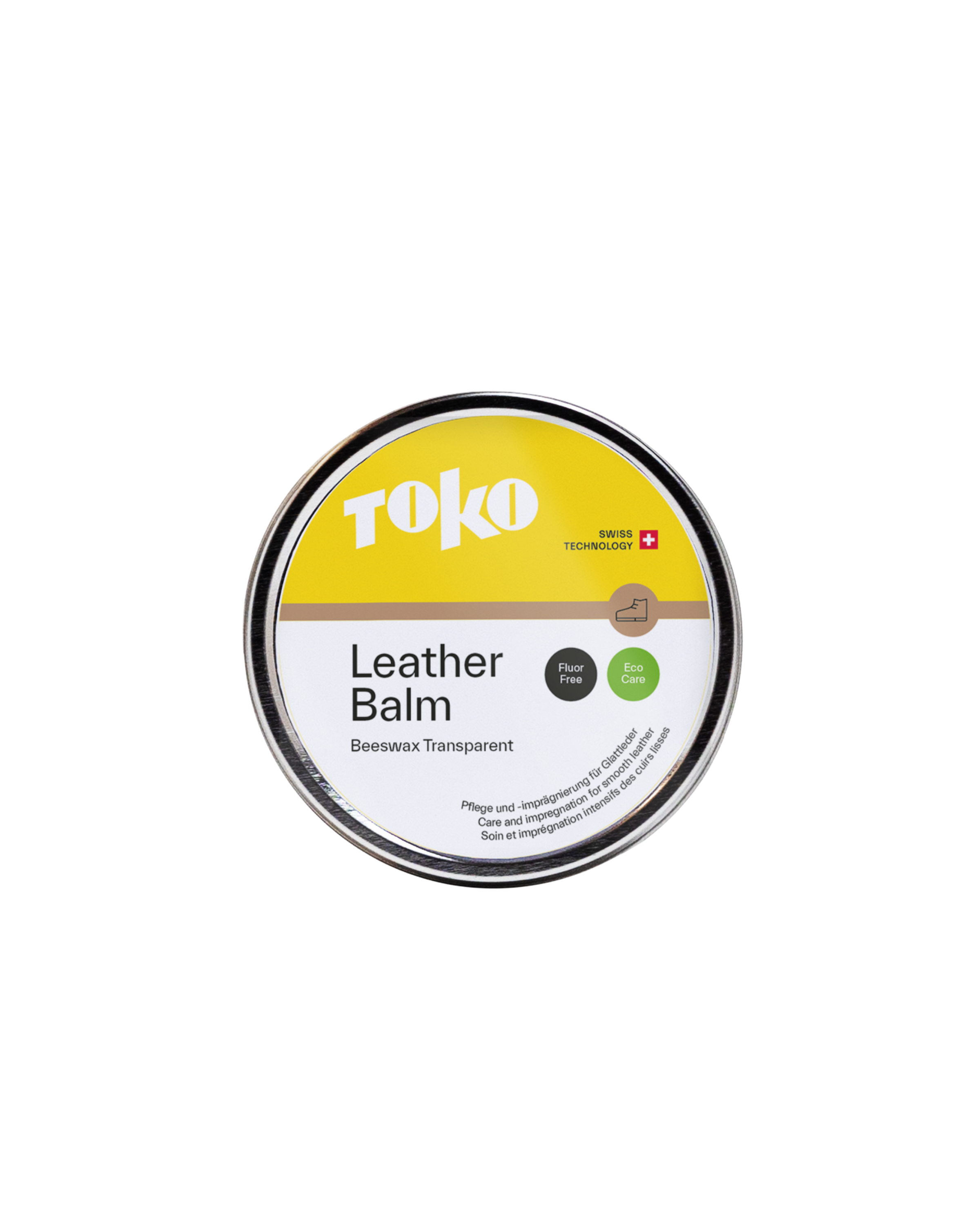 Ein rundes, silbernes Behältnis mit einem gelben Etikett mit dem Text "TOKO Leather Balm". Das Produkt ist transparent und enthält Bienenwachs.