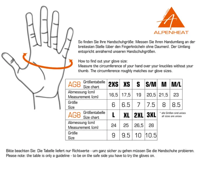 Größentabelle für Fire Glove Reloaded Handschuhe mit Hand-Illustration und Messanleitung für die richtige Größe.