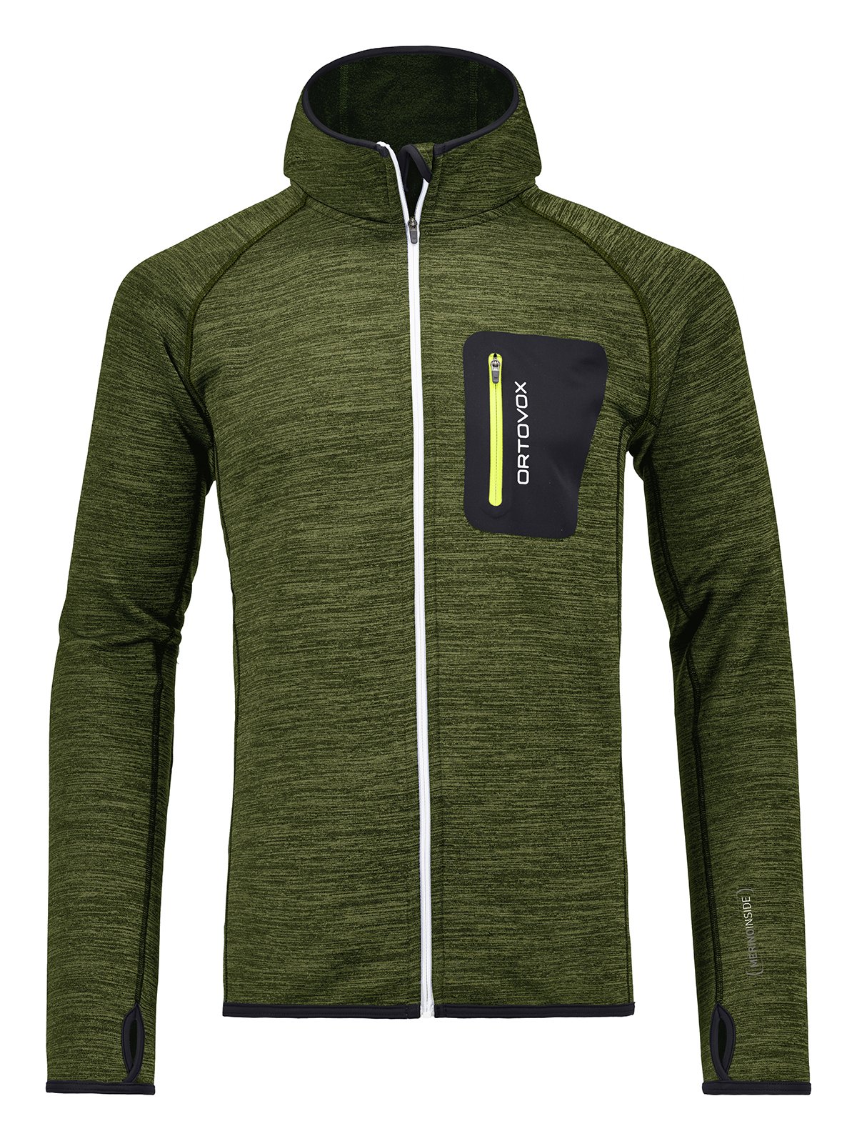 Ortovox Matcha Fleece Hoody Matcha grüner Ortovox Fleece Hoody mit weißem Reißverschluss und schwarzer Brusttasche mit gelbem Reißverschluss.