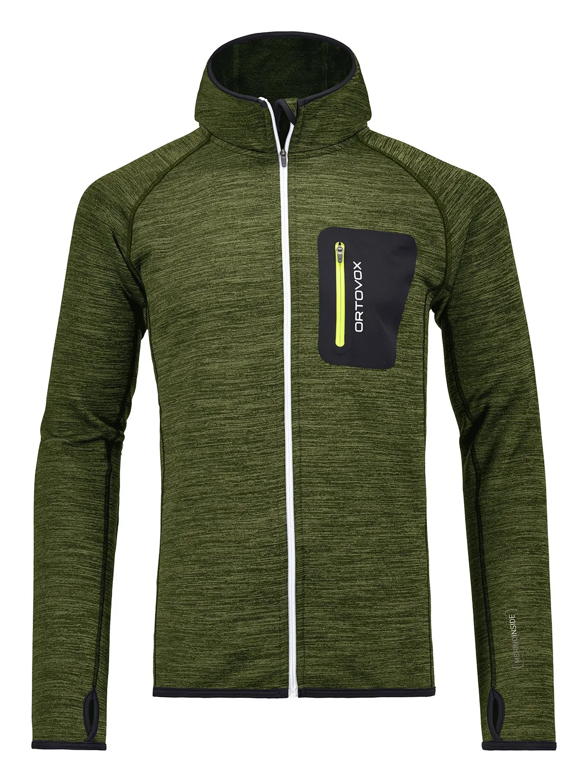 Matcha grüner Ortovox Fleece Hoody mit weißem Reißverschluss und schwarzer Brusttasche mit gelbem Reißverschluss.