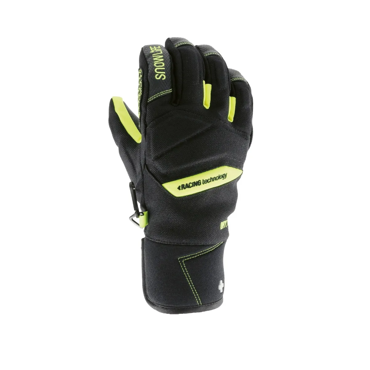 Schwarzer Winterhandschuh mit gelben Akzenten und Aufschrift "SNOWLIFE" und "RACING technology" auf der Oberseite, isoliert auf weißem Hintergrund.