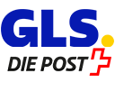 Blaues "GLS" Logo über "DIE POST", daneben ein gelber Punkt und ein rotes Schweizer Kreuz.
