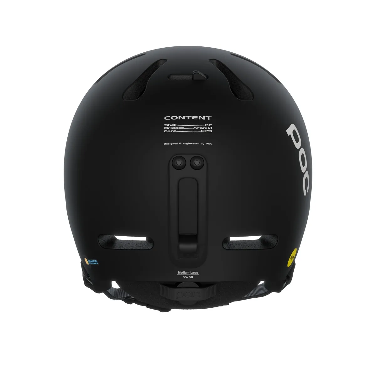 Rückansicht des schwarzen Poc Fornix Mips Helms. Details: Belüftung, Größenangabe, Brillenclip, Logos und Mips Kennzeichnung.