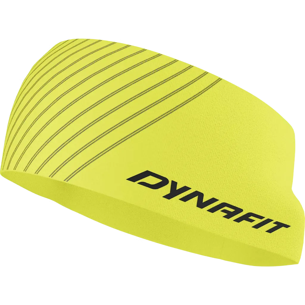 Gelbes Dynafit Speed Headband mit schwarzen Streifen und Logo.