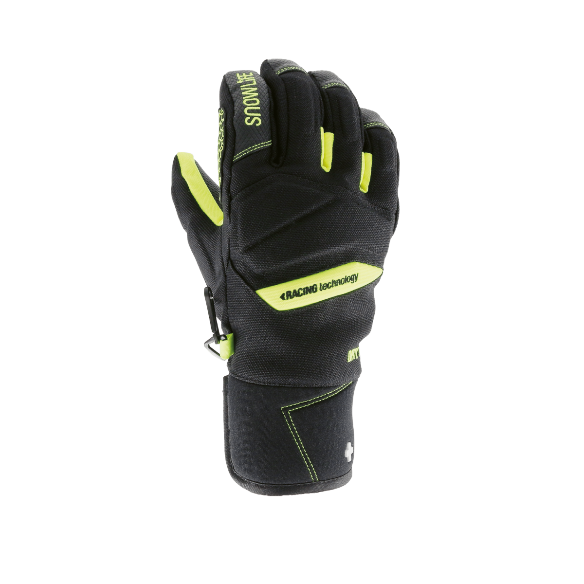 Schwarze Winterhandschuhe Schwarzer Winterhandschuh mit gelben Akzenten und Aufschrift "SNOWLIFE" und "RACING technology" auf der Oberseite, isoliert auf weißem Hintergrund.