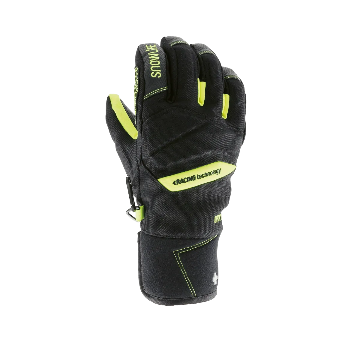 Schwarzer Winterhandschuh mit gelben Akzenten und Aufschrift "SNOWLIFE" und "RACING technology" auf der Oberseite, isoliert auf weißem Hintergrund.