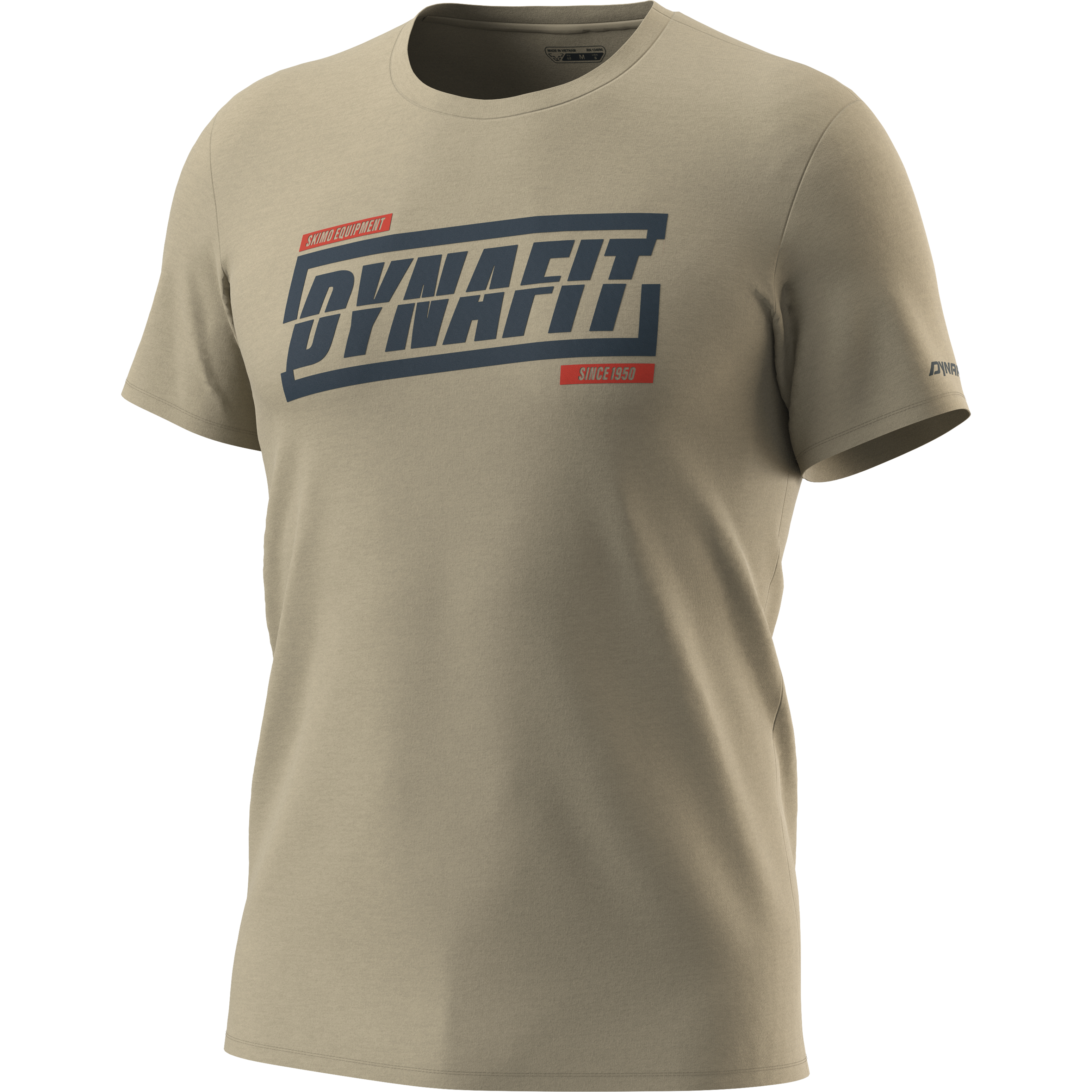 Khaki Dynafit T-Shirt mit blauem Logo "DYNAFIT" und rotem Schriftzug "SINCE 1950".